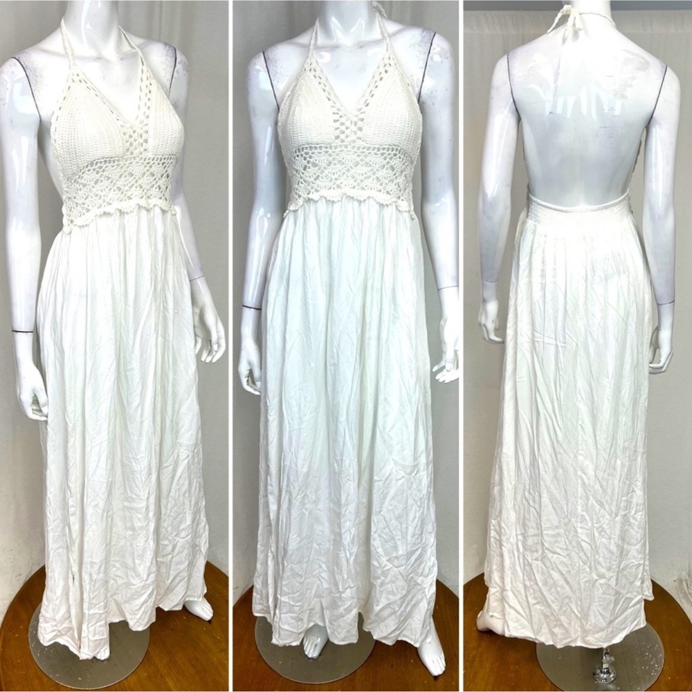 Elegant White Crochet Halter Maxi Dress